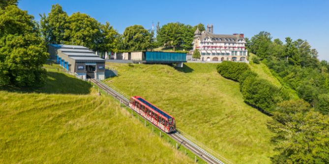 Gurtenbahn und Kulm-Gebäude aus Drohnenperspektive 