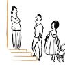 Illustration, mehrere Personen vor einem Hauseigang