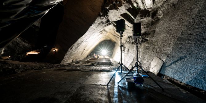 Lampen und Boxen in einer Höhle