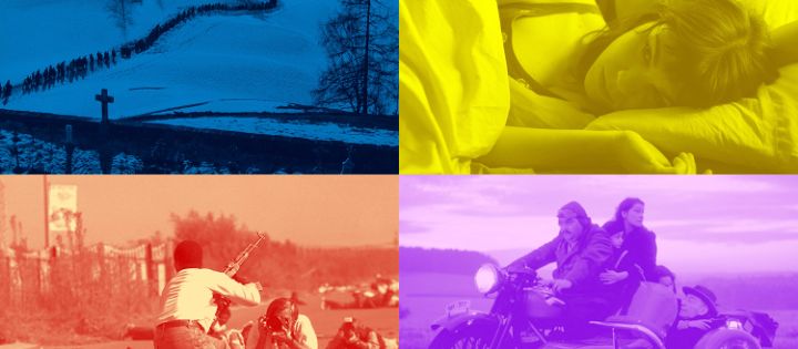 Farbige Collage mit vier Standbildern aus Schweizer Filmklassikern