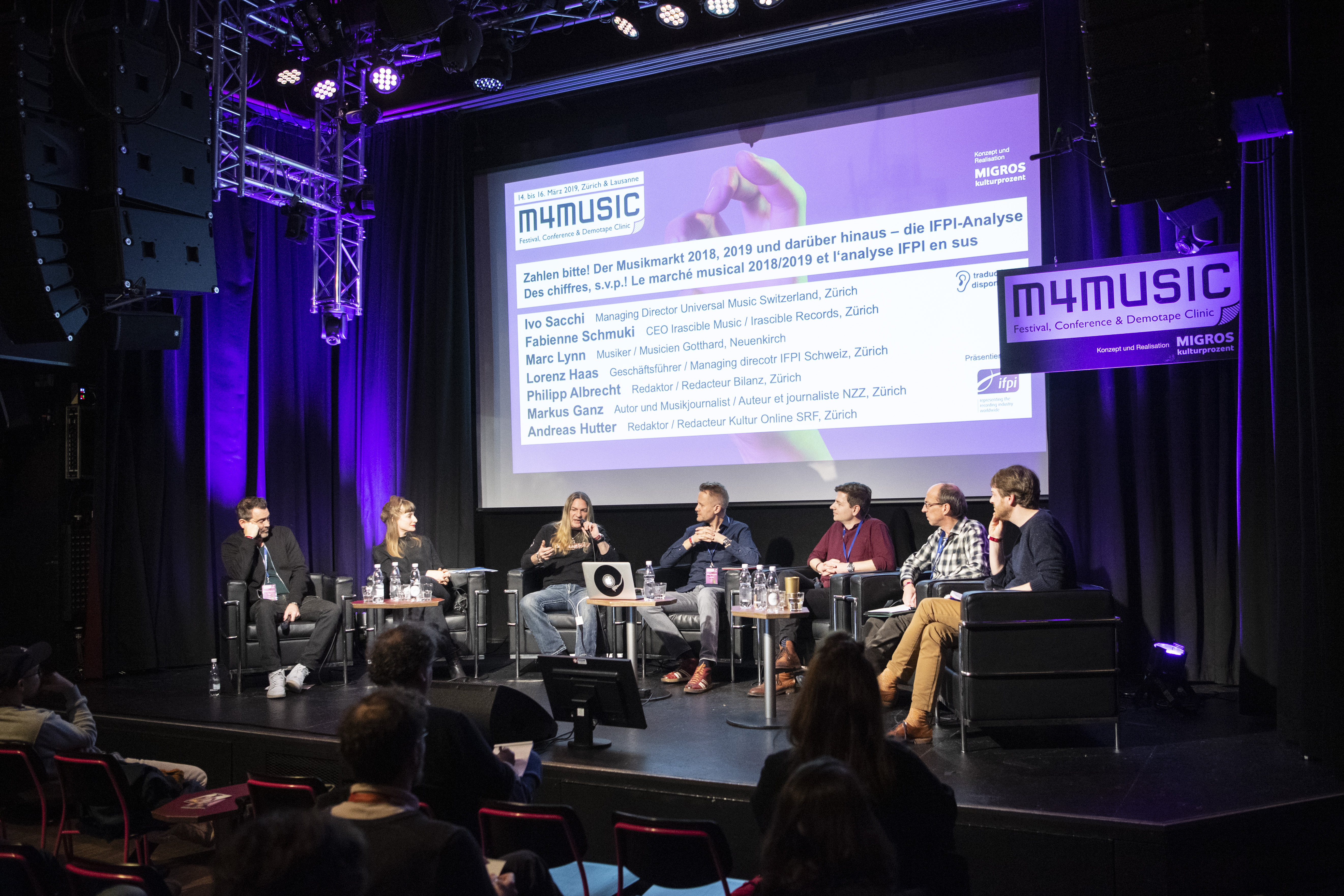Diskutierende Personen auf der Bühne beim Conference Panel m4music 2019