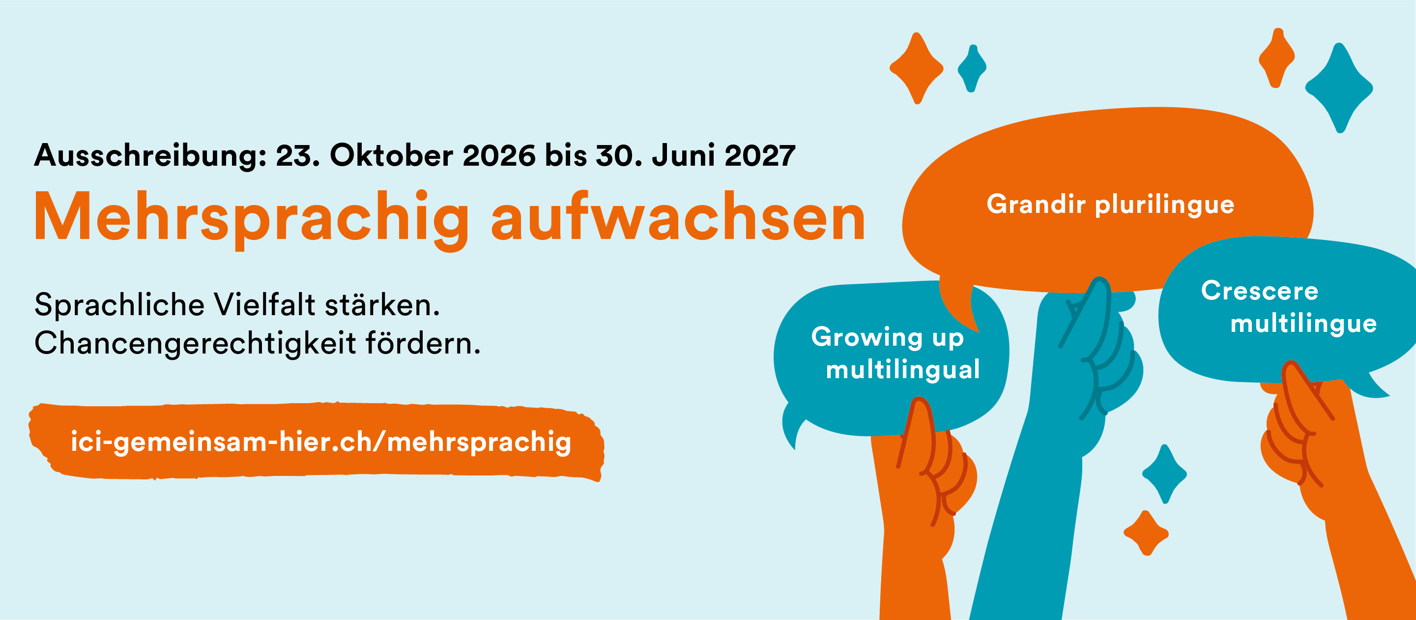 Visual mit Sprechblasen, die das mehrsprachige Aufwachsen verdeutlichen.